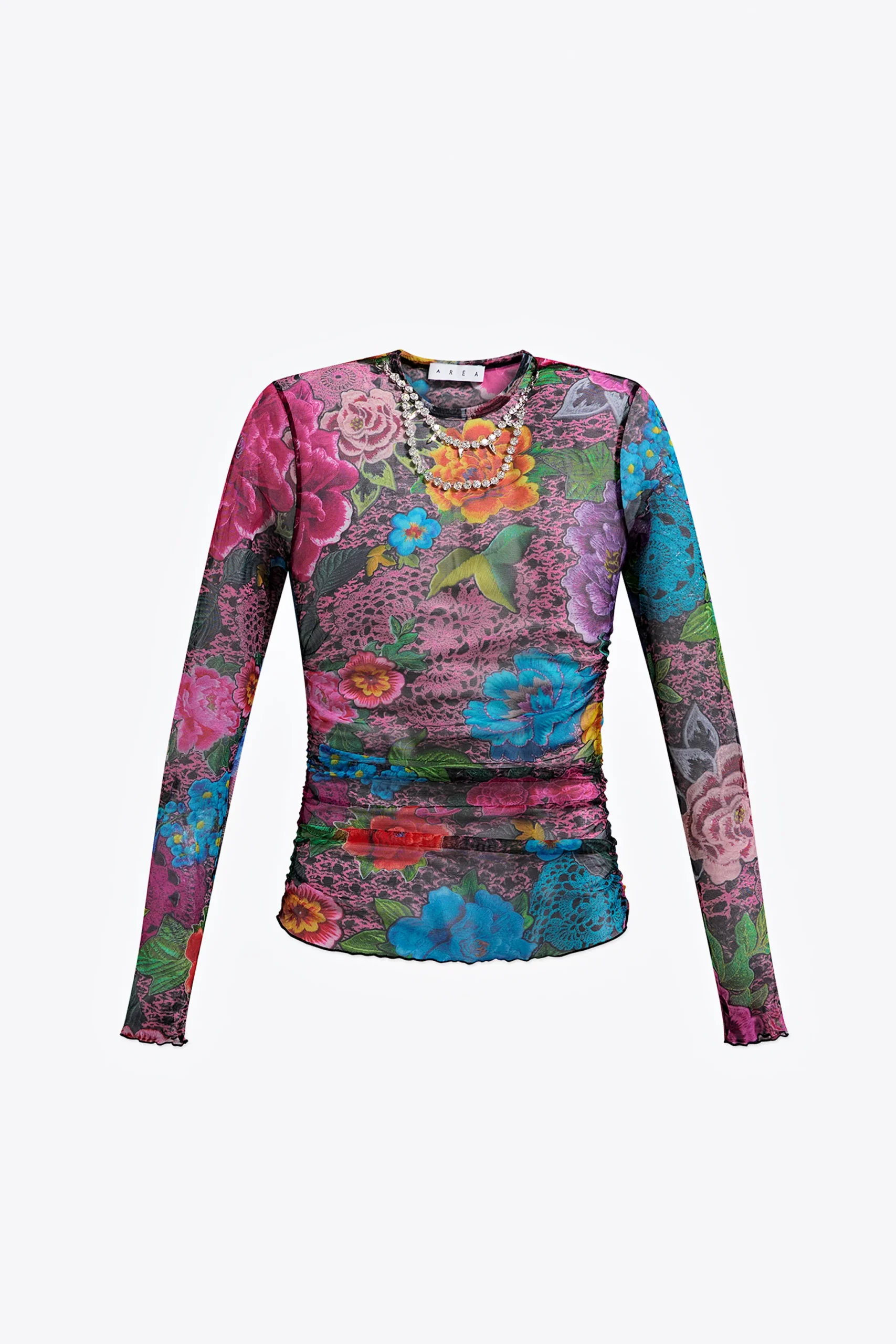 Crystal Embellished Printed Tulle Long Sleeve Top