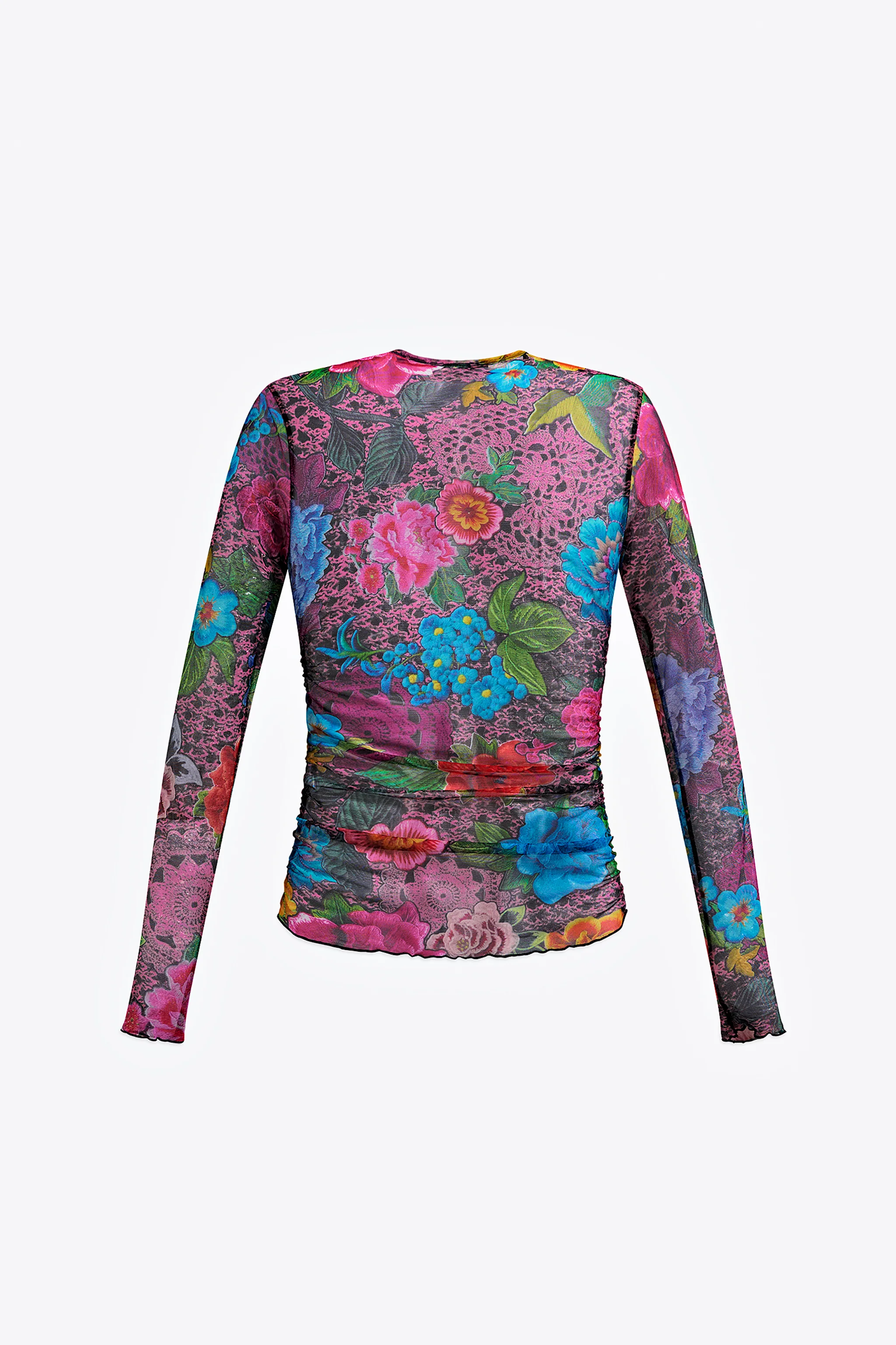 Crystal Embellished Printed Tulle Long Sleeve Top